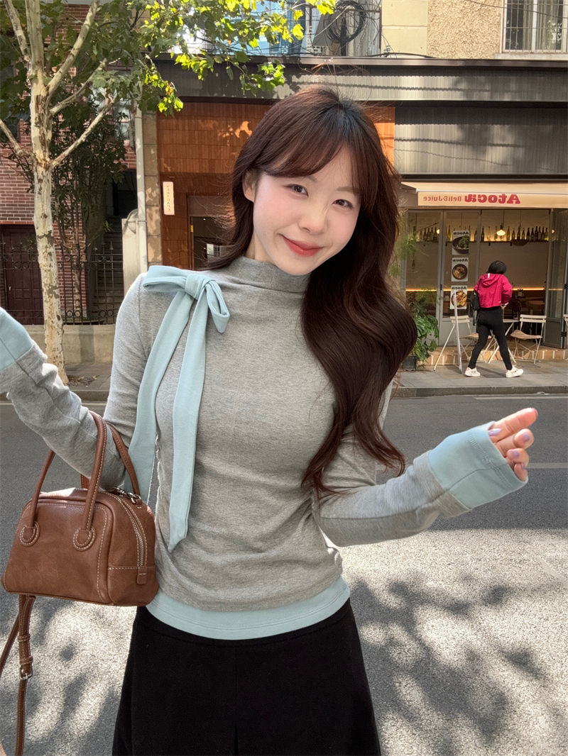 Real shot~ Women's inner base shirt, new spring turtleneck T-shirt, design-sensory furry long-sleeved knitted top