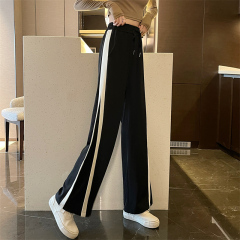 -Real shot of new spring spliced ​​striped loose wide-leg casual pants for women's wardrobe