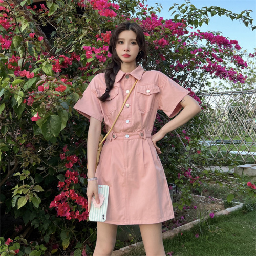 Washing cotton twill Korean high-end short-sleeved dress for women's summer new chic waist-closing A-line short skirt