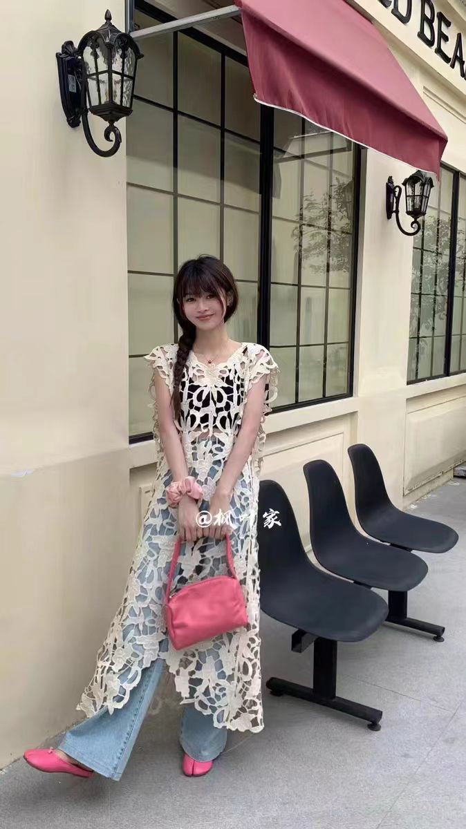 2025新款疊穿鏤空鈎花無袖背心裙女中長款連衣裙子