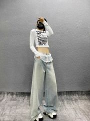 KAKAMEE Spring New Washing Craft Spliced ​​Lace Skirt Hem Border Wide Leg Jeans Women