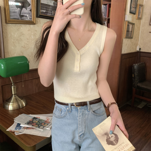 Real shot of summer Korean style half-open button v-neck 6 wool sweater sleeveless vest top for women