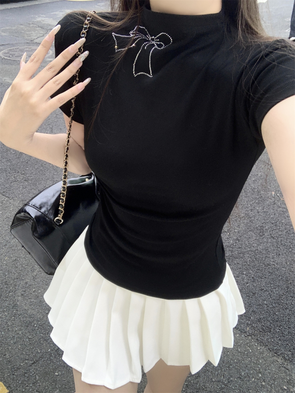 實拍 夏季韓版半高領燙鑽蝴蝶結打底衫女新款純棉短袖T恤上衣女