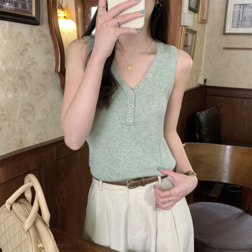 Real shot of summer Korean style half-open button v-neck 6 wool sweater sleeveless vest top for women