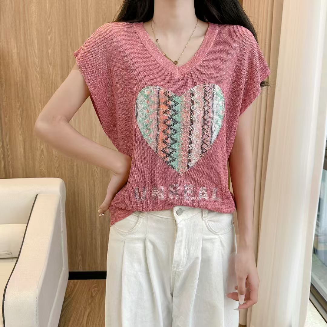 亮絲燙鑽短袖背心女夏冰絲韓版V領寬鬆顯瘦外穿無袖針織打底上衣