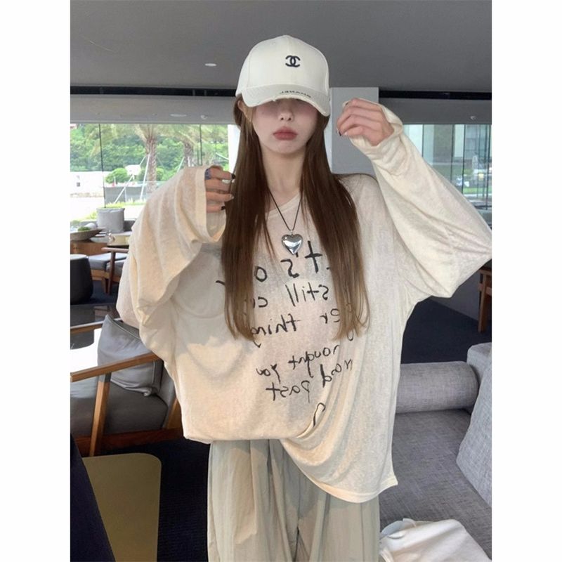 Original fabric letter printed blouse T-shirt casual loose sun protection top