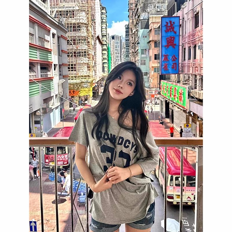 Colorful cotton pull-up American hot girl off-shoulder short-sleeved T-shirt design niche one-length stripped-shoulder top