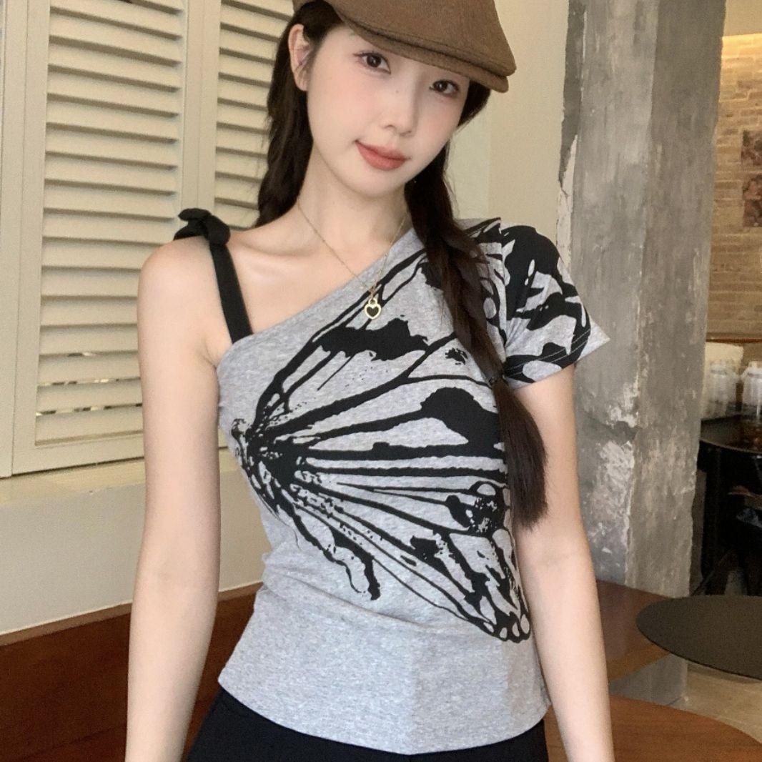 Pure T-shirt off-shoulder suspender oblique collar print 2025 summer new waist-hugging and slim short and versatile top