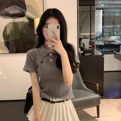 famouswang夏季新款學院風polo領麻花兔子針織短袖上衣女