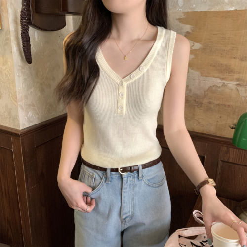Real shot of summer Korean style half-open button v-neck 6 wool sweater sleeveless vest top for women