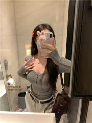 260g cotton pure pink long-sleeved T-shirt for women in autumn hot girls slim-fitting slim base shirt short top