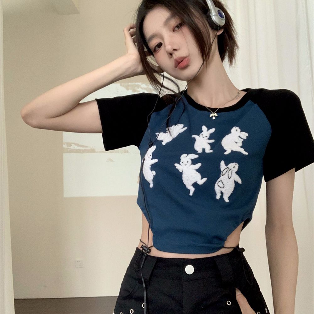 92-person cotton 8 spandex original towel embroidered retro drawstring waist-exposed design slim fit short top