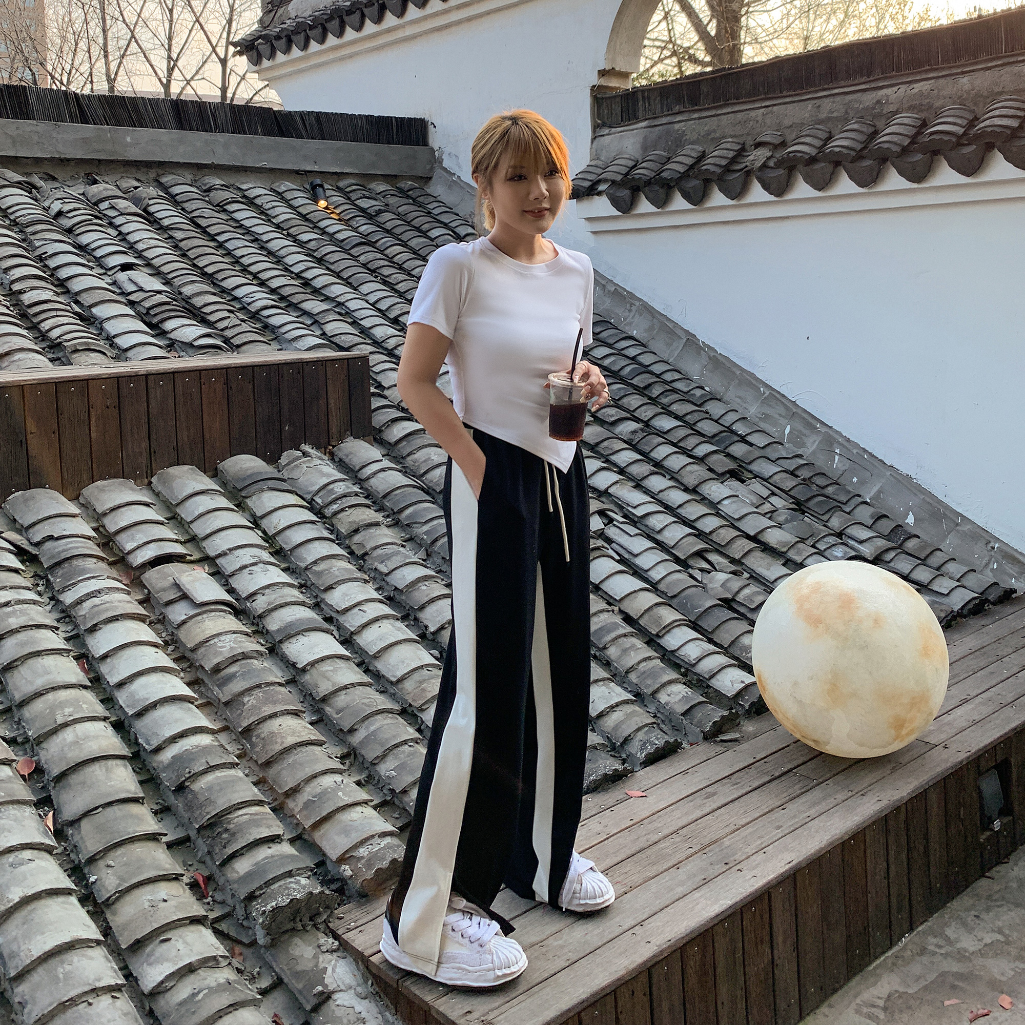 -Official Photos New spring spliced ​​contrasting color slit loose wide-leg casual pants for women
