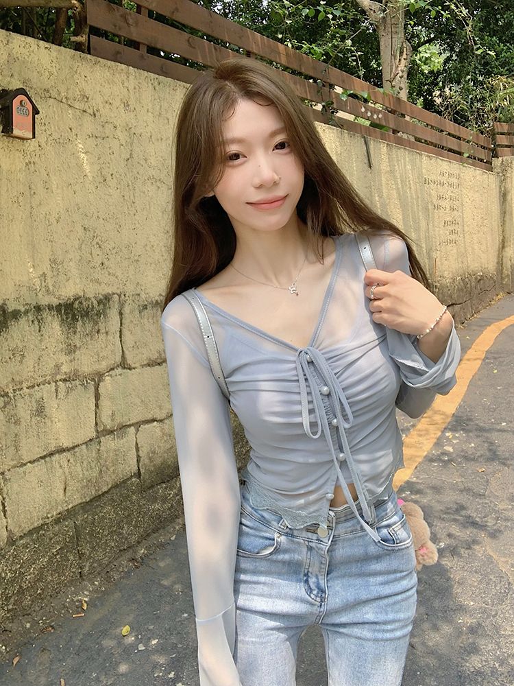 Original high-quality fabric Long-sleeved blouse T-shirt top women's spring and summer slim short inner strap two-piece set