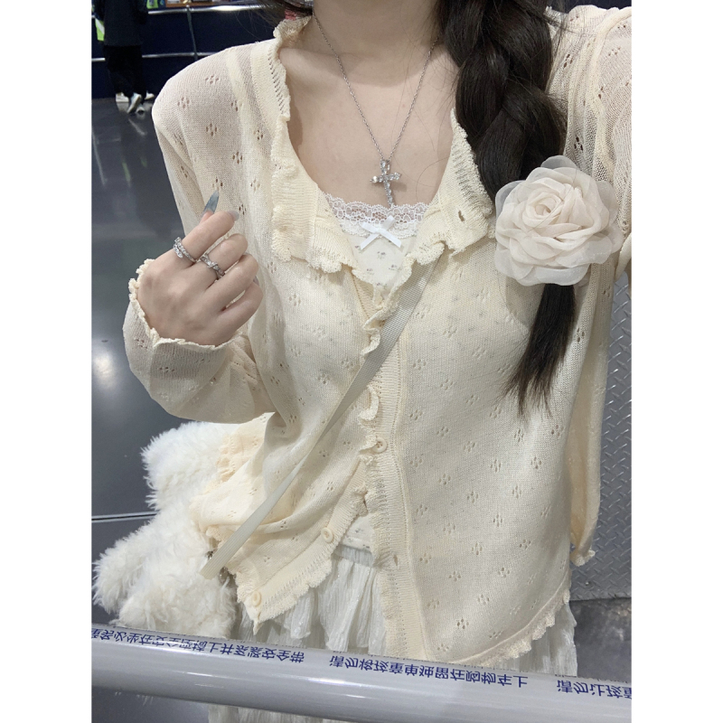 Spring and summer Korean loose lace hollow imitation linen thin sunscreen cardigan knitted long-sleeved top