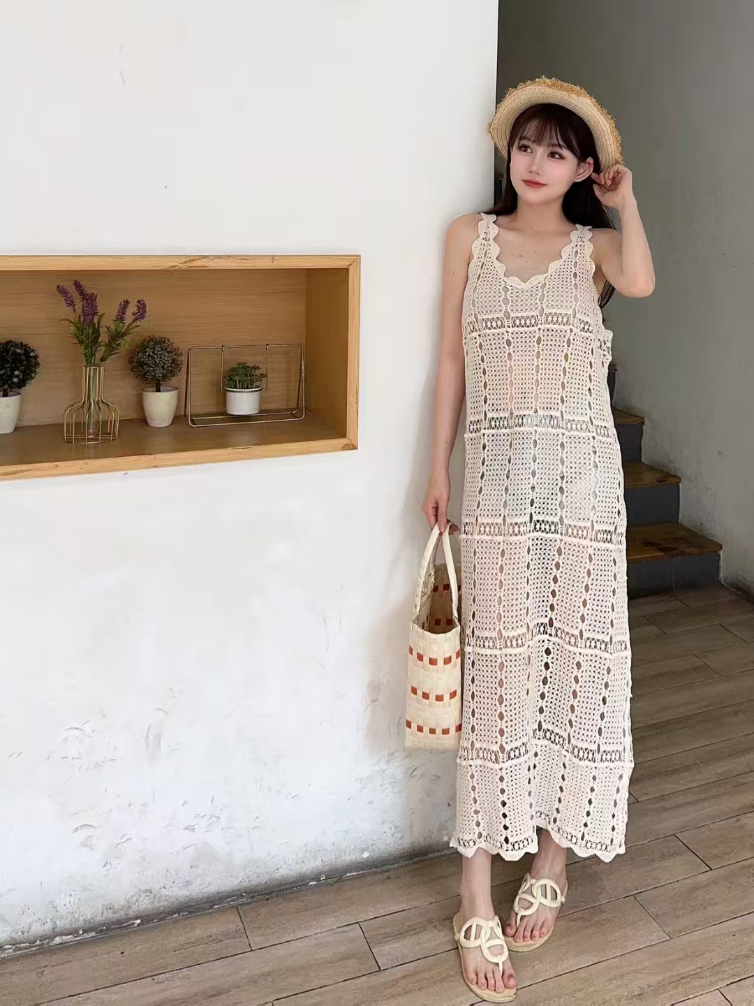 復古鈎花鏤空連衣裙女夏季2025新款罩衫裙疊穿氣質無袖吊帶裙長裙