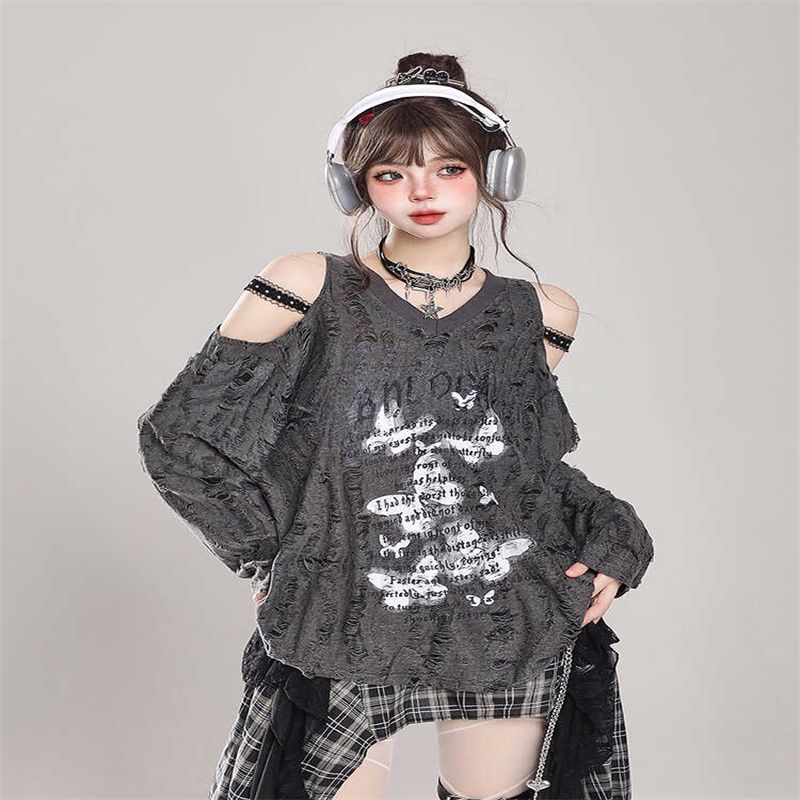 National trend American sweet and cool hot girl off-shoulder blouse women lazy off-shoulder T-shirt ripped sunscreen loose long-sleeved top