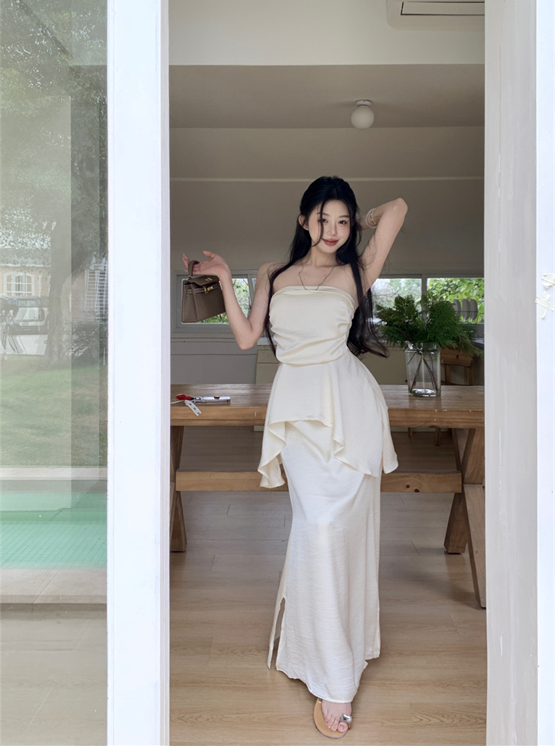 Real shot~ French fashion suit high-end women/spring and summer chest wrapping pleated top waist-hugging stretch skirt