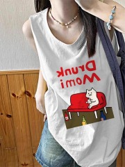 High-quality pure cotton 200g 21 combed tight thread collar method printed loose vest suspender T-shirt for women