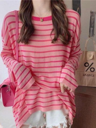 Striped knitted base shirt for women in early autumn thin European sunscreen blouse lazy style loose mask T-shirt top