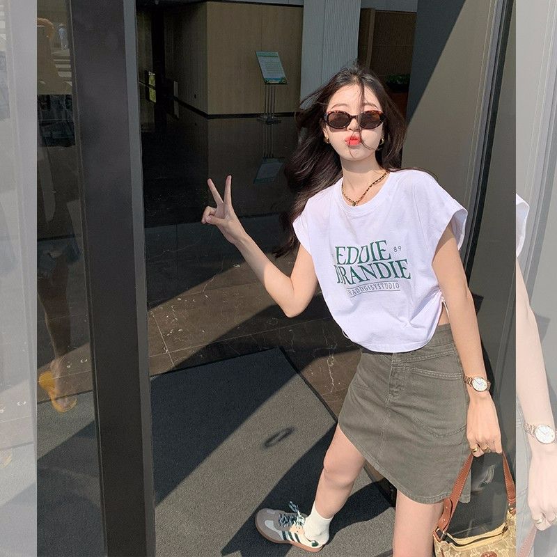 Pure cotton short-sleeved T-shirt for women in summer Korean style drawstring niche design top