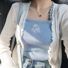 法系小羊刺繡小吊帶薄款背心女外穿夏季甜美修身短款別致甜辣上衣