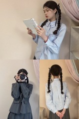 適合品質店鋪雙層領純色襯衫寬鬆襯衣長袖