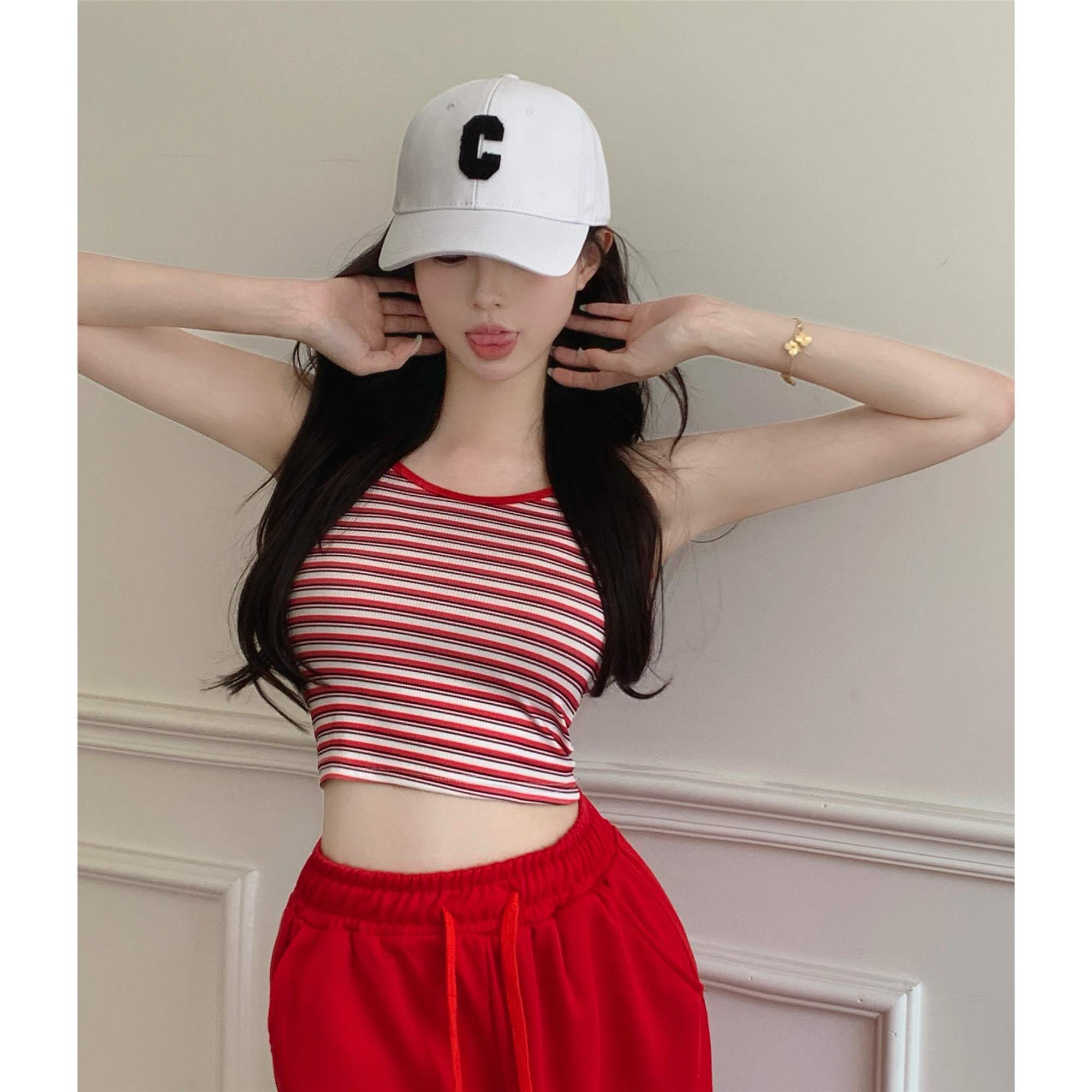 Real shot~Retro hot girl striped suspender vest for women in summer, wearing chic sports and casual trousers inside and outside