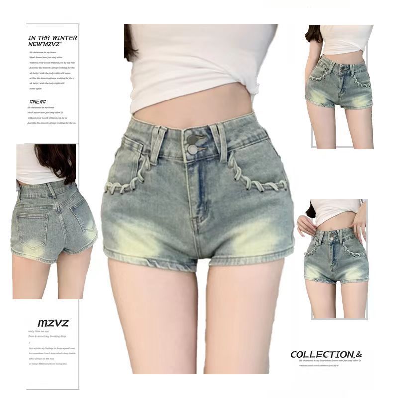 The same style as 2025 summer new style braided pocket decoration wash water used hot girl three-point denim shorts cool trendy