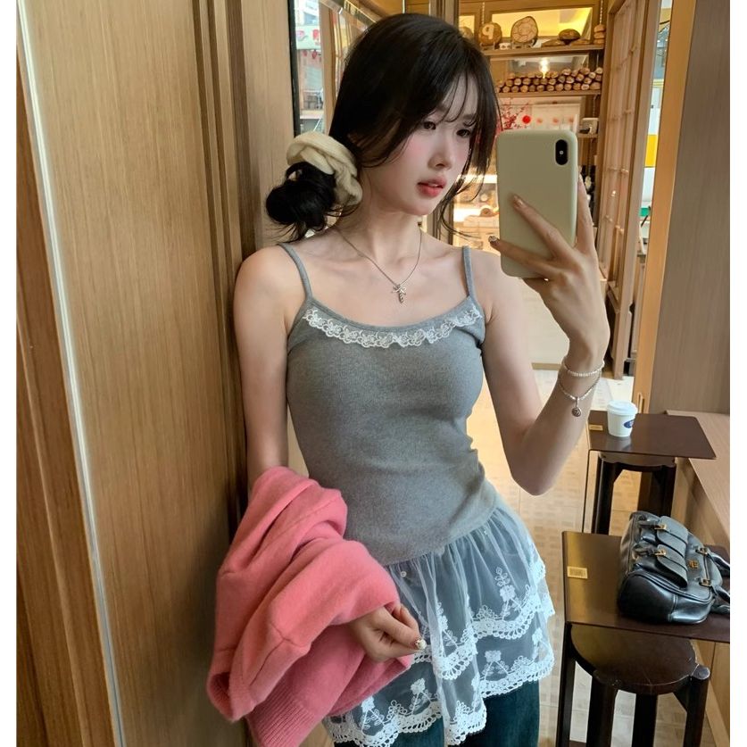 Women's 2025 summer new Korean pure versatile lace splicing bottoming shirt slim body