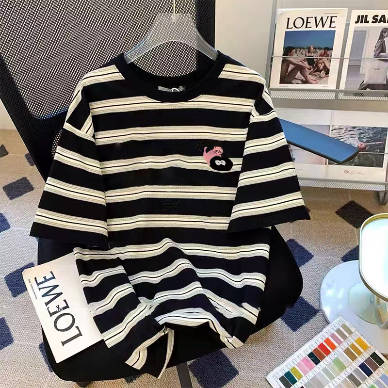 Black striped fun short-sleeved T-shirt for women 2025 new summer Hong Kong style retro casual slim versatile top ins