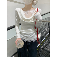 Real shot of the spring Korean version of gentle lace splicing fake two pure versatile long-sleeved T-shirt top
