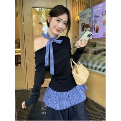 Modal cotton niche fake two-piece off-shoulder plaid splicing long-sleeved T-shirt for women in autumn slim top