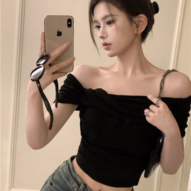 Modal cotton 260g sexy one-shoulder short-sleeved T-shirt for women in summer pure hot girl off-shoulder short top