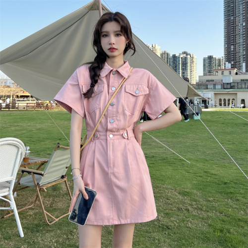 Washing cotton twill Korean high-end short-sleeved dress for women's summer new chic waist-closing A-line short skirt