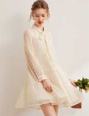 2025 spring and summer new lace-up small stand-collar cake skirt sweet A-shaped beaded decoration long-sleeved women's skirt dress