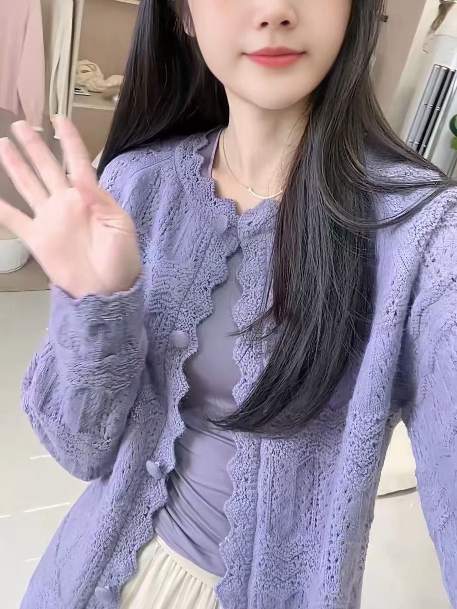 早春韓系針織開衫女2025新款薄款外搭鈎花氣質減齡長袖上衣