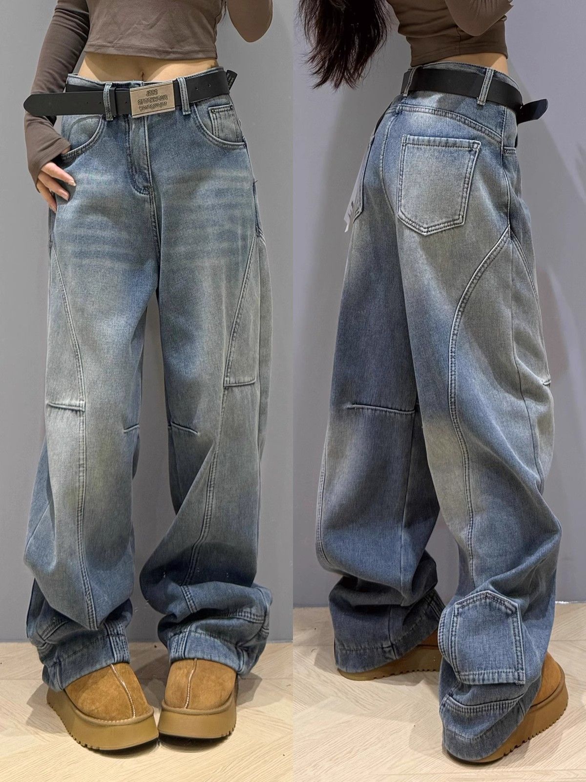 Retro scimitar versatile jeans for women's spring new style fashionable washing design loose wide-leg floor pants