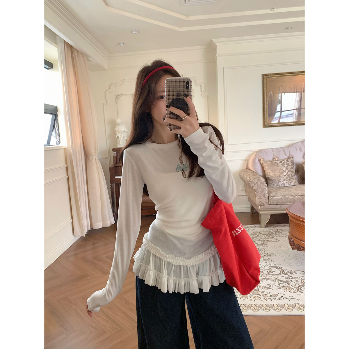 Real shot of 2025 spring Korean version of sweet ballet style skirt with sunscreen blouse long-sleeved T-shirt top