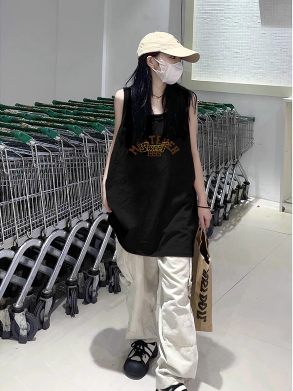 High-quality pure cotton 200g 21 combed tight thread collar method printed loose vest suspender T-shirt for women
