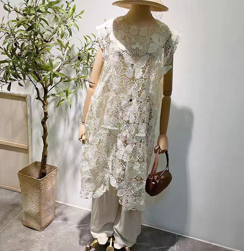Women's Long Cardigan Vest Top Covering Blouse 2025 Summer New French Layering Sleeveless Vest with Butterfly Embroidery