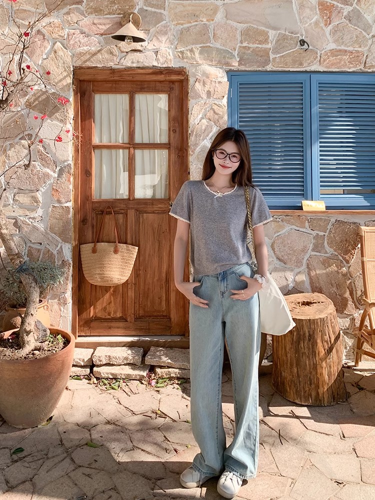 Lace-edged spliced ​​short-sleeved sweater T-shirt for women 2025 spring new product small versatile slim top