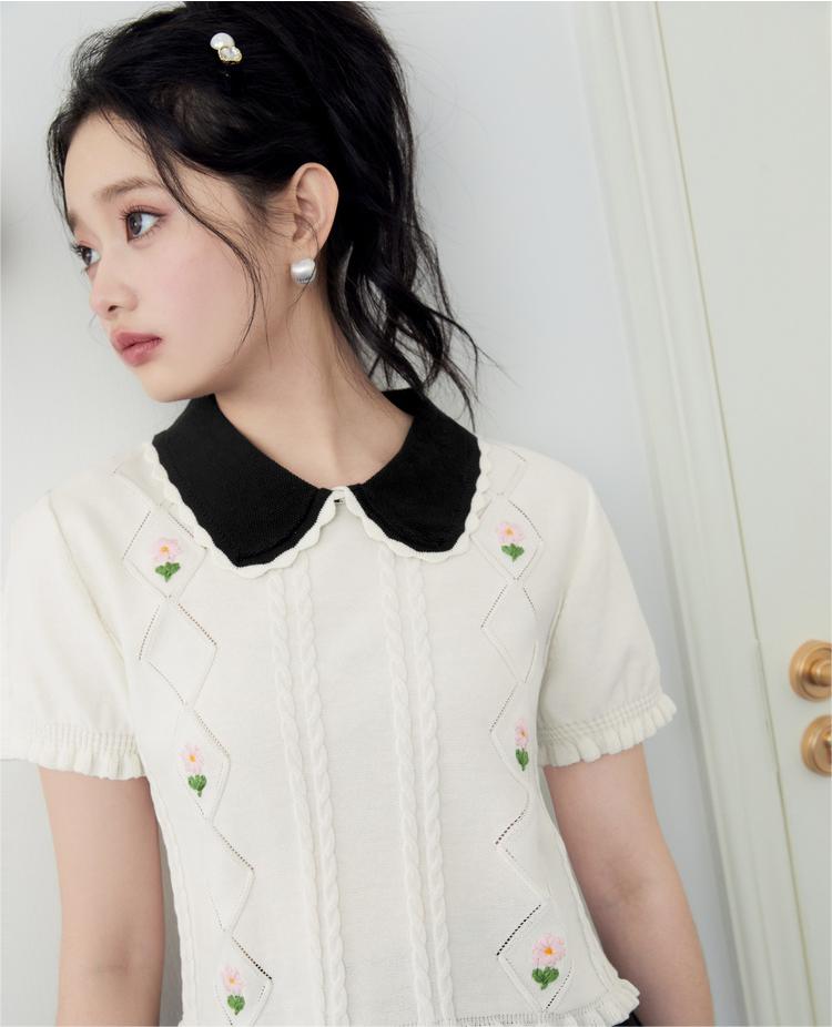 甜美娃娃領針織衫女年早春花朵刺繡針織短袖內搭