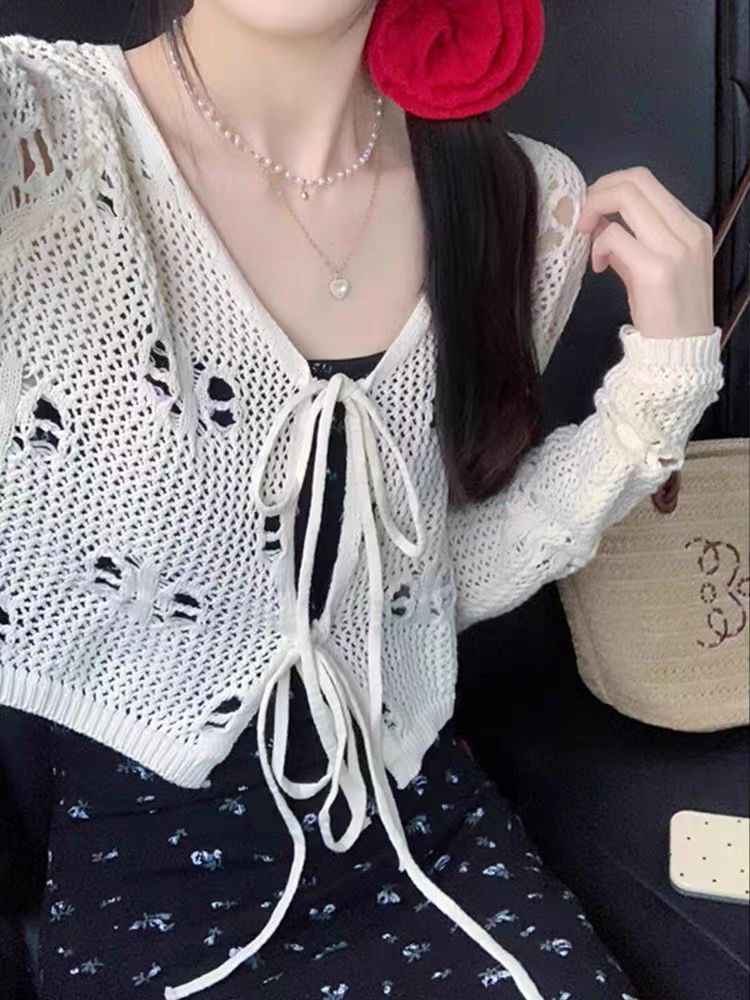 2025新款春夏鏤空薄款外穿法式防曬針織開衫女設計感小眾罩衫上衣