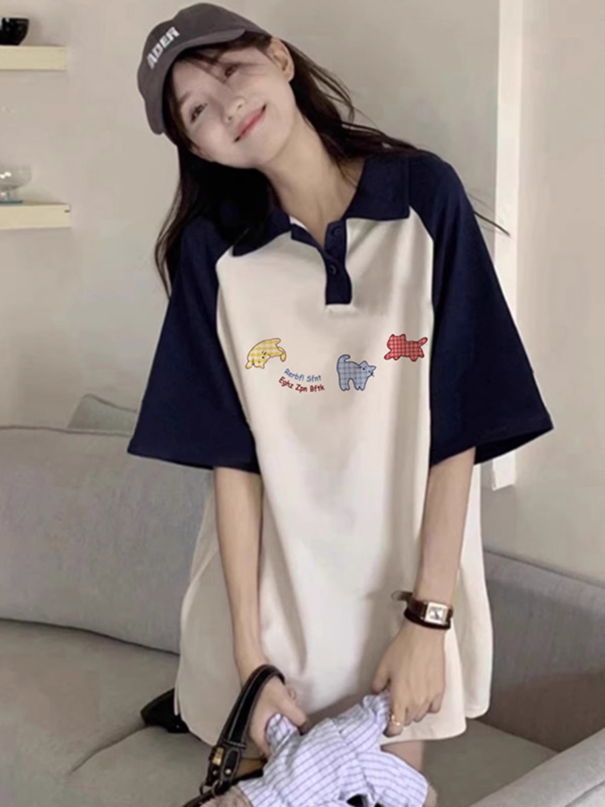 High-quality pure cotton 200g 21 combed tight printed POLO shirt loose color block lapel short-sleeved shirt for women