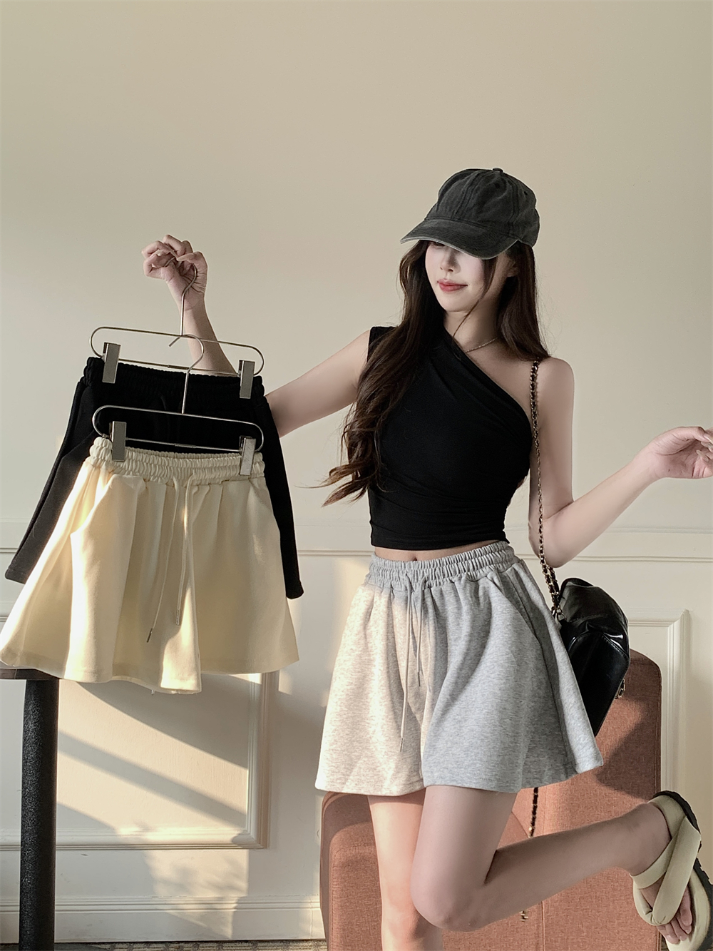 Pure cotton Chinese cotton summer elastic waist wide-leg pants for women to look slim in pocket solid color shorts