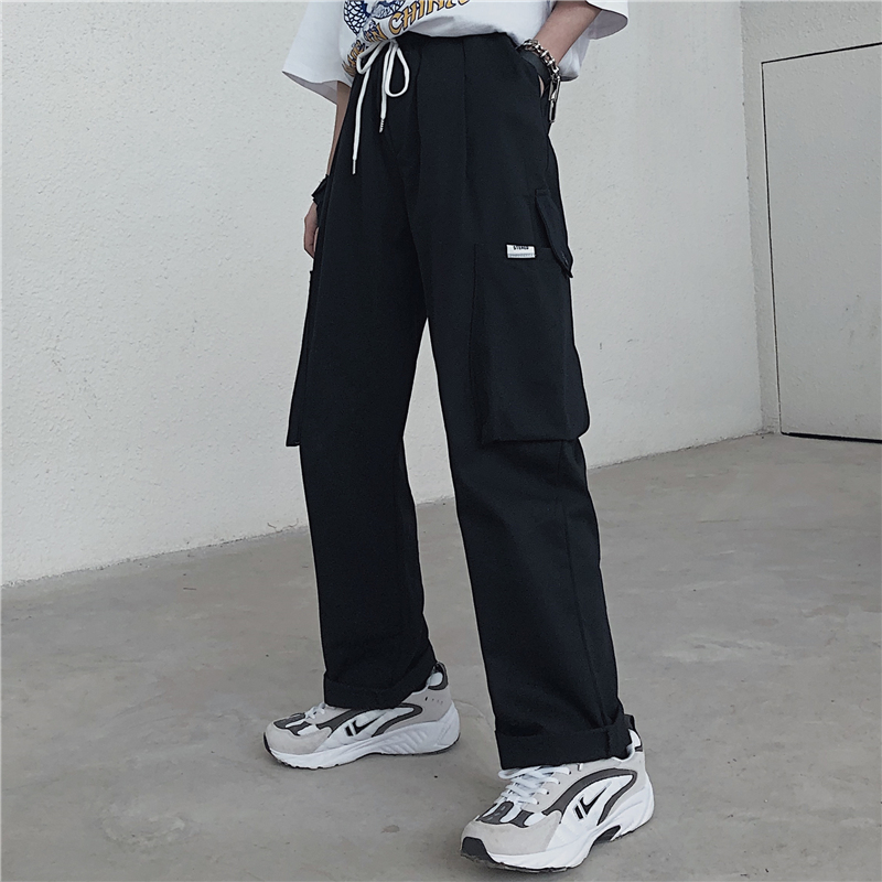 -Real shot of 95% cotton Harajuku loose Korean style trendy straight Hong Kong style trendy work pants for women