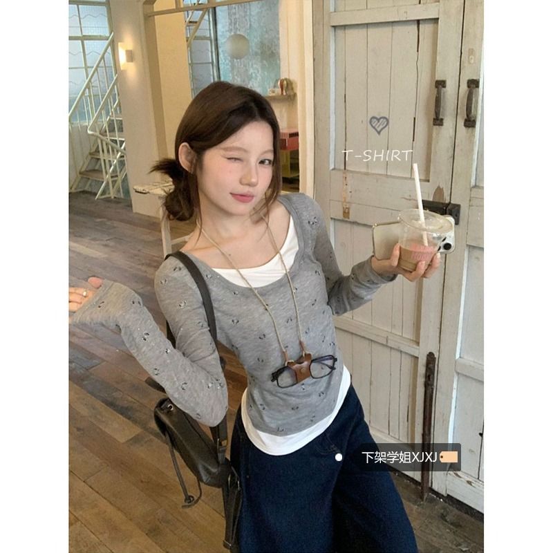 Tennis cashmere niche fake two-piece bow printed T-shirt for women in autumn slim sun protection long-sleeved top