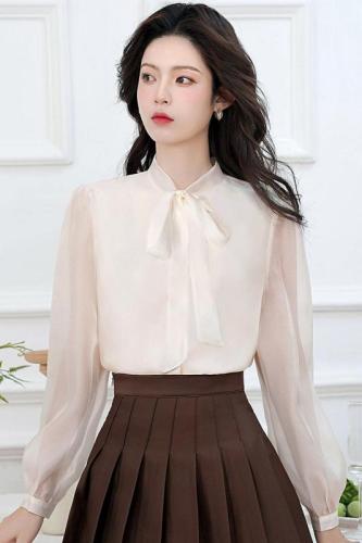 2025 spring new style of lively fairy long sleeve bow ribbon robe shirt top for women