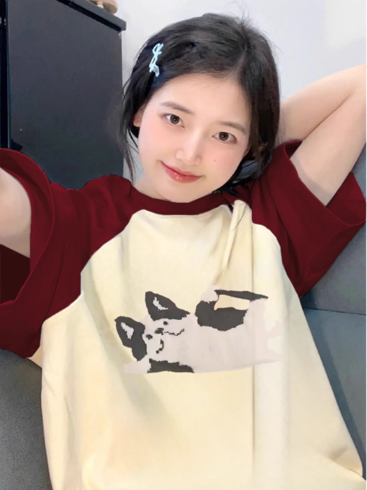 High-quality pure cotton 200g 21 combed tight printed color horn sleeve loose color block short-sleeved shirt for women